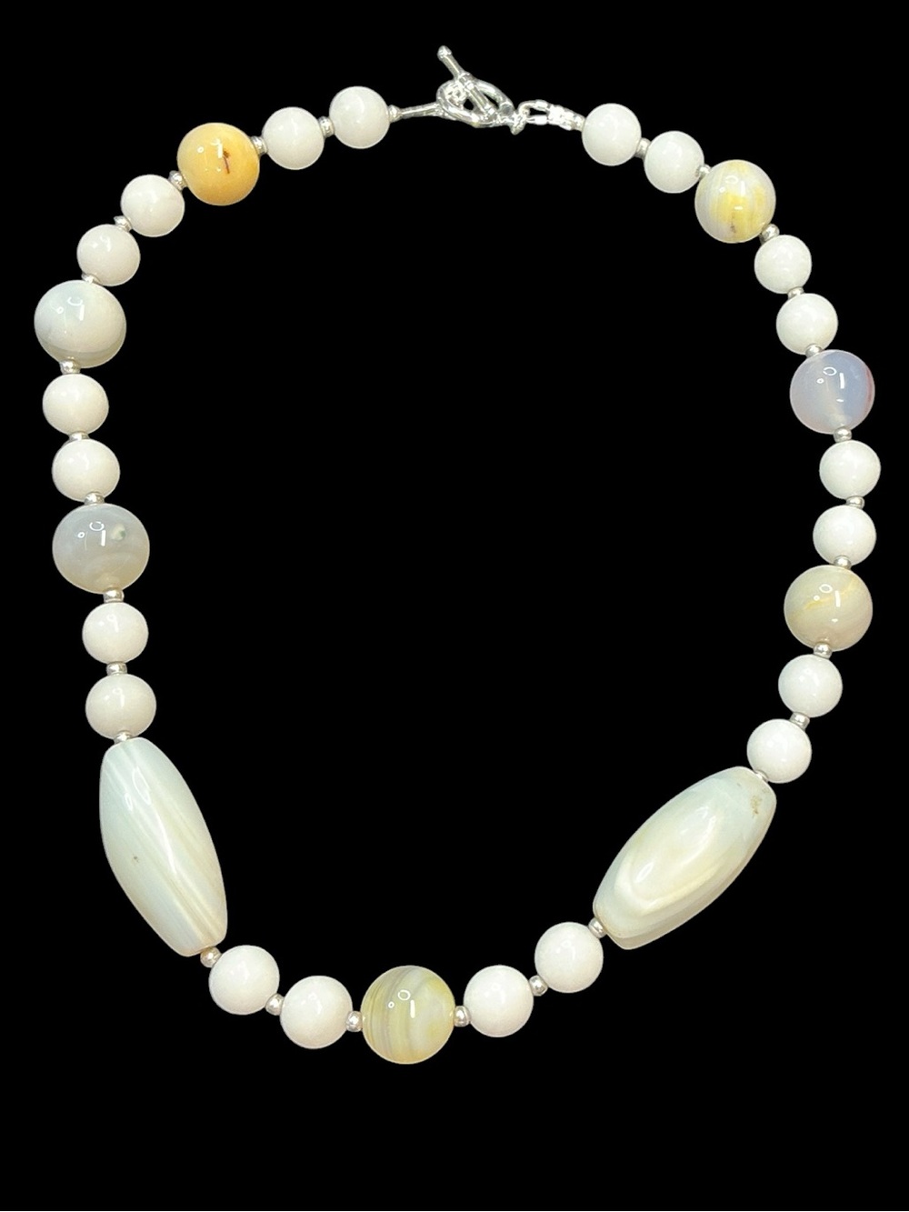 Handmade Natural White Jade
& Banded Agate Gemstone
Beaded Necklace